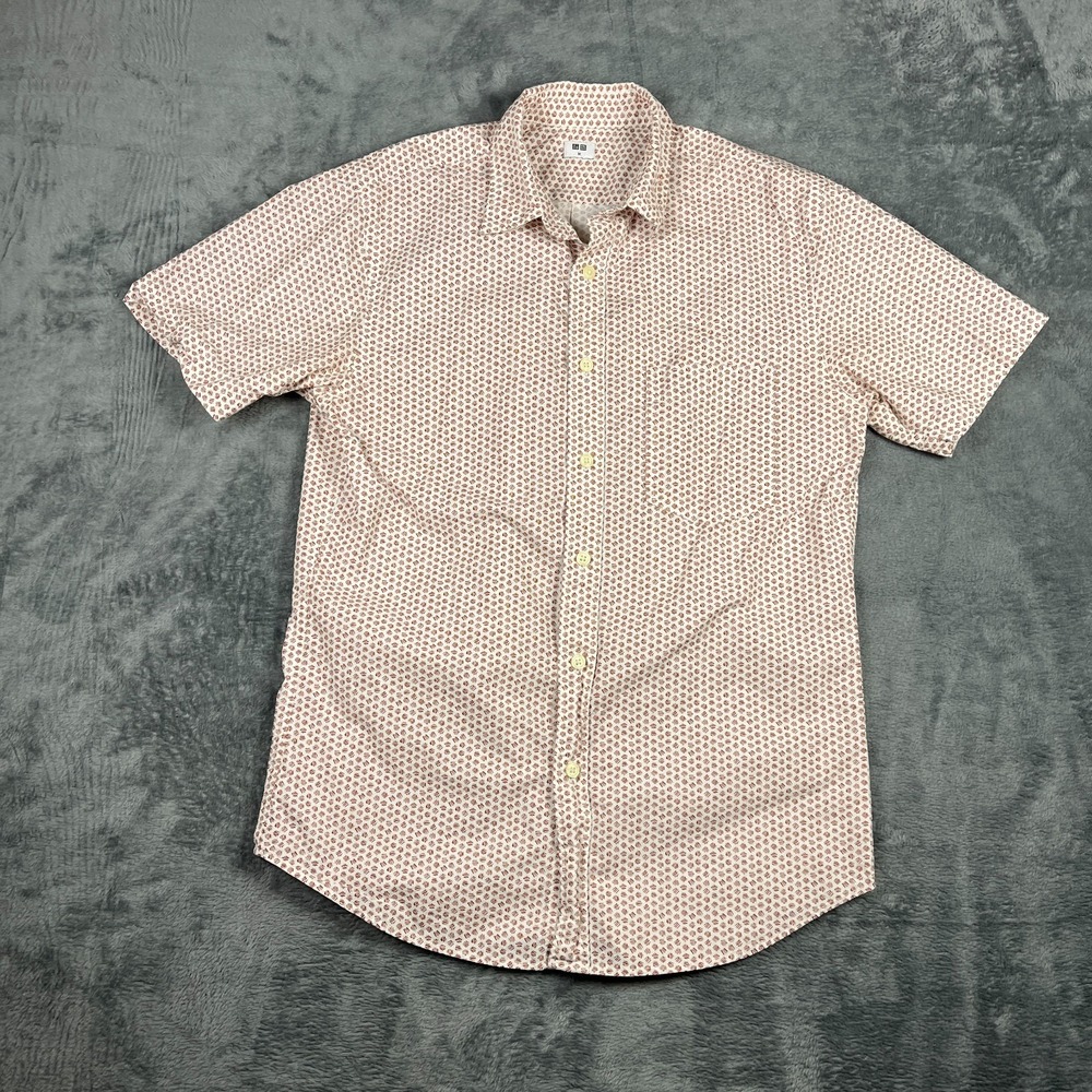 Uniqlo Shirt Mens Medium Beige Brown Geometric Back Box Curved Hem Button Up